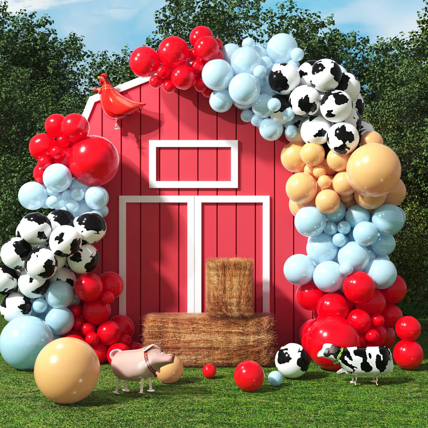 HOUSE OF PARTY Cow Balloon Arch - 110 Pcs Rubber Balloons for Boys Birthday, Cowboy Farm Theme, Blue Red, Pack of 120