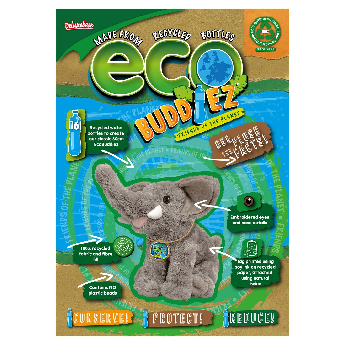 Ecobuddiez - Elephant From Deluxebase. 12 Inch Elephant Plush Toy. Eco Friendly Child Safe Elephant Stuffed Animal Made From Recycled Plastic Bottles.