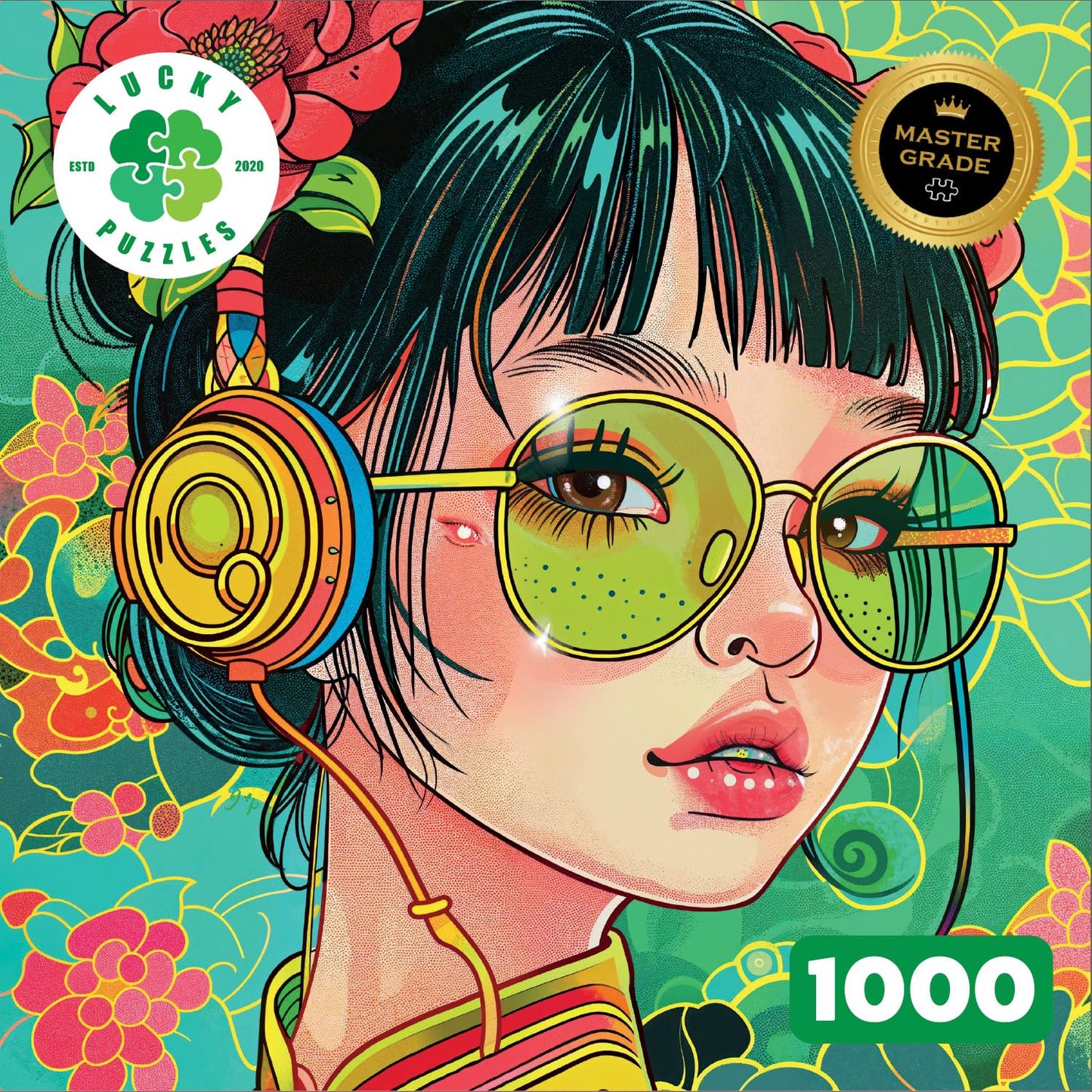 Lucky Puzzles - Doodlefly Enigma 1000 Piece Jigsaw Puzzle for Adults | Cyberpunk Art Puzzle with Vibrant Lime and Pistachio Colo