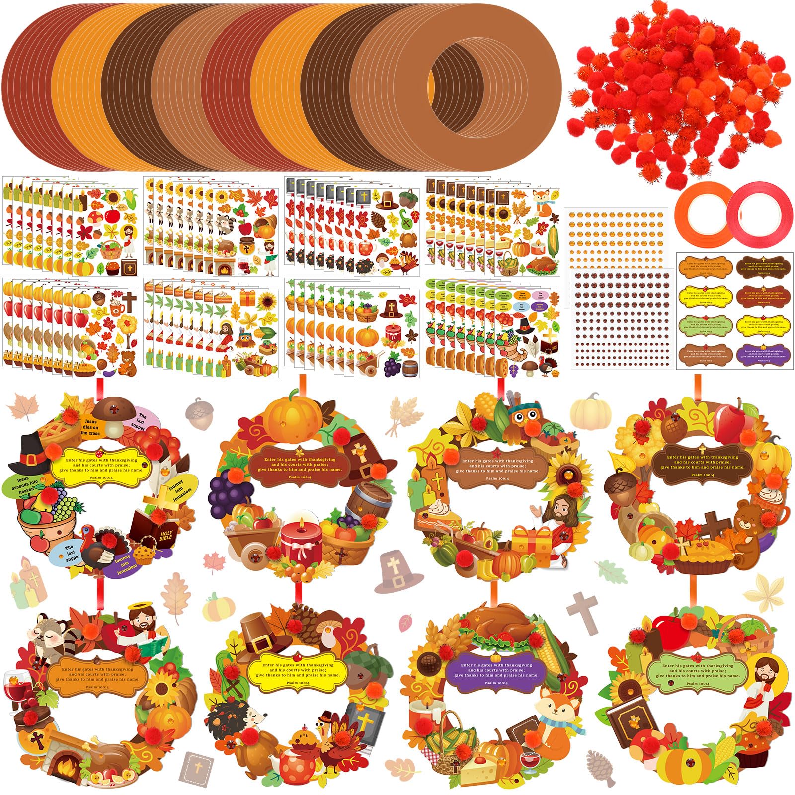 Hollowfly 48 Sets Thanksgiving Wreath Craft Kits for Kids DIY Christian Thankful Hanging Ornaments with Stickers for Fall Thanks
