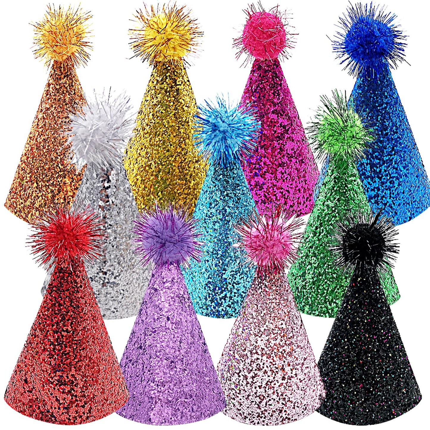 Sundecor Birthday Party Cone Hats, Lovely Glitter Shiny Party Hat Cone Paper Hats With Pom Pom For Birthday Party Games Accessor