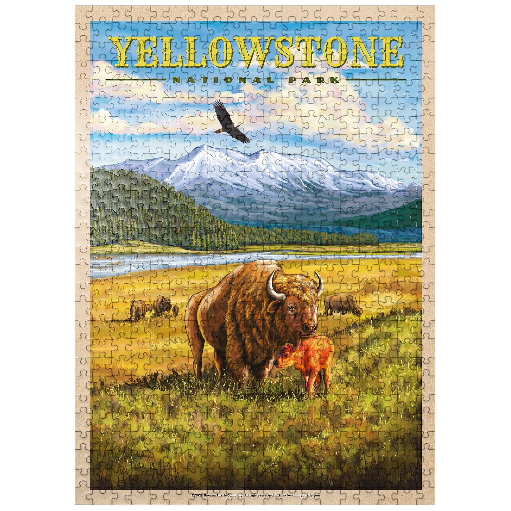 MyPuzzle Yellowstone National Park - Hayden Valley Bisons  Vintage Travel Poster - enhanced 500 Piece Jigsaw Puzzle for mature-themeds