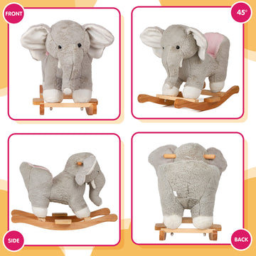 Specialyou Baby Rocking Horse Wooden Rockers With Seat Elephant Rocking Horse Ride Plush Stuffed Animals Toy -Set Of 2, Boy Girl Kids Ride On Toys For 10 Months To 3 Years Old, 25' Lx10 Wx16 H, Gray