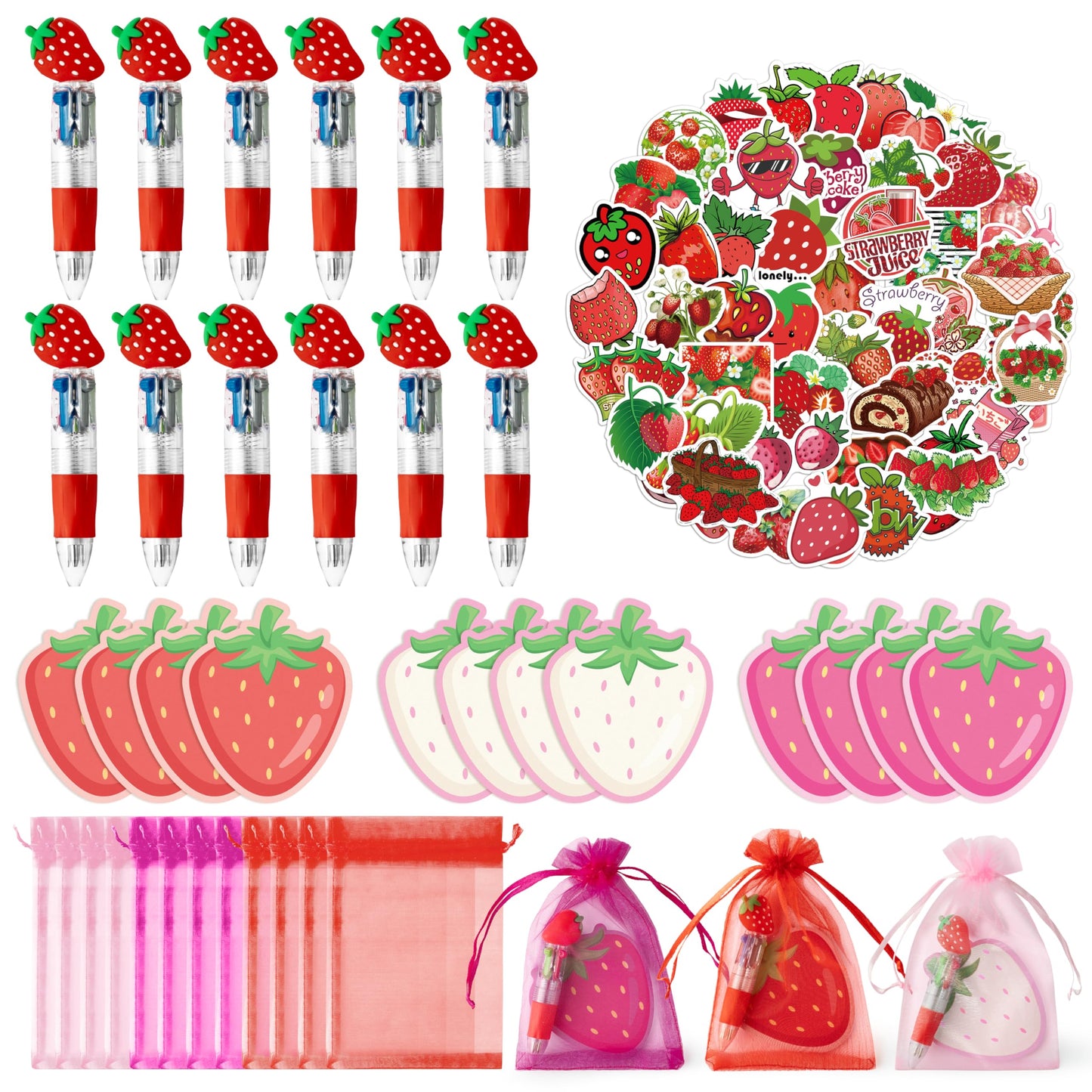 CY2SIDE Strawberry Party Stationery Set - 24 Pack Christmas Stuffer Gifts Include 4-in-1 Ballpoint Pen Sticky Note Sticker and O