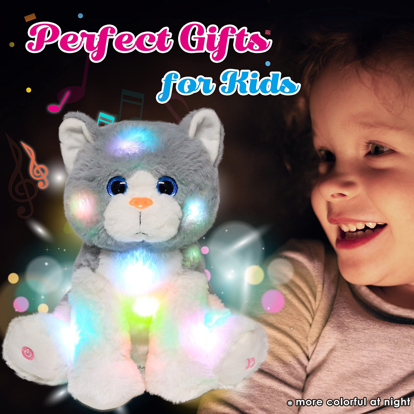 Cuteoy Kitty Led Musical Stuffed Animal Light-Up Singing Plush Cat Adjustable Volume Lullaby Plushies Birthday Christmas Toy Gifts For Kids Toddler Girls, 10.5'