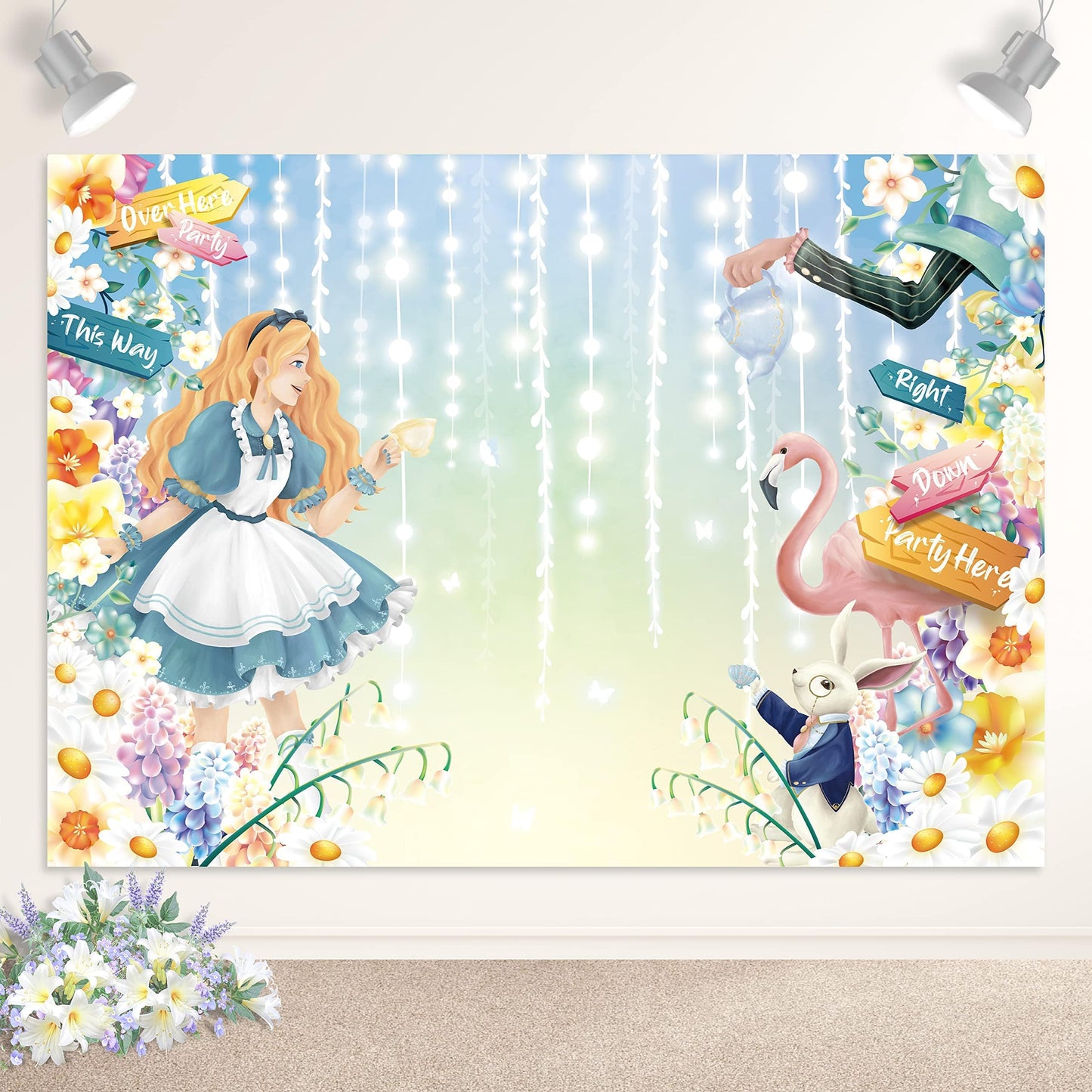 Cheerland 5X7 Ft Alice In Wonderland Backdrop For Girls Birthday Party Decorations Floral Tea Party Easter Bunny Banner Backgrou