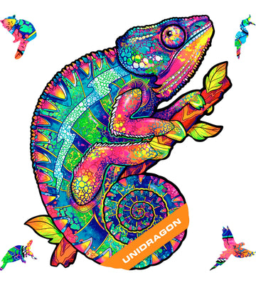 Unidragon Original Wooden Jigsaw Puzzles - Iridescent Chameleon, 202 Pcs, Medium 10.2''X13'', Beautiful Gift Package, Unique Sha