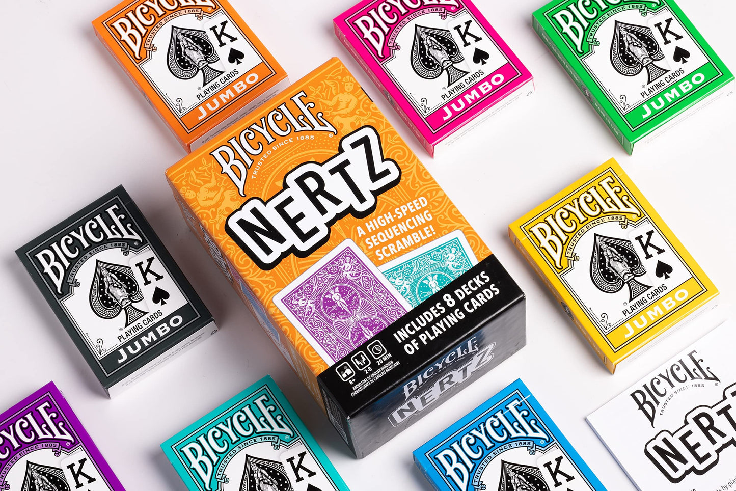 Bicycle Nertz Playing Card Game - 8 Decks, Jumbo Index, Fast & Fun Multiplayer Solitaire, Brightly Colored, Model 10031922
