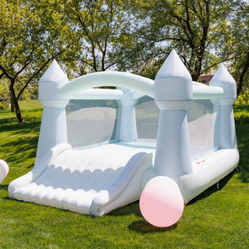 Bounceland Party Castle Daydreamer Mist Bounce House [No Blower], 16.4 Ft L X 13.1 Ft W X 9.3 Ft H, Basketball Hoop, Trendy Pastel Color, Fun Slide & Bounce Area, Castle Theme For Kids