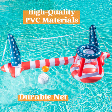 Inflatable Pool Floats Set American Flag Volleyball Net & Basketball Hoops, Swimming Pool Game Toy For Kids And Adults, Floating, Volleyball Court (105”X28”X35”)|Basketball (27”X23”X27”), Red White