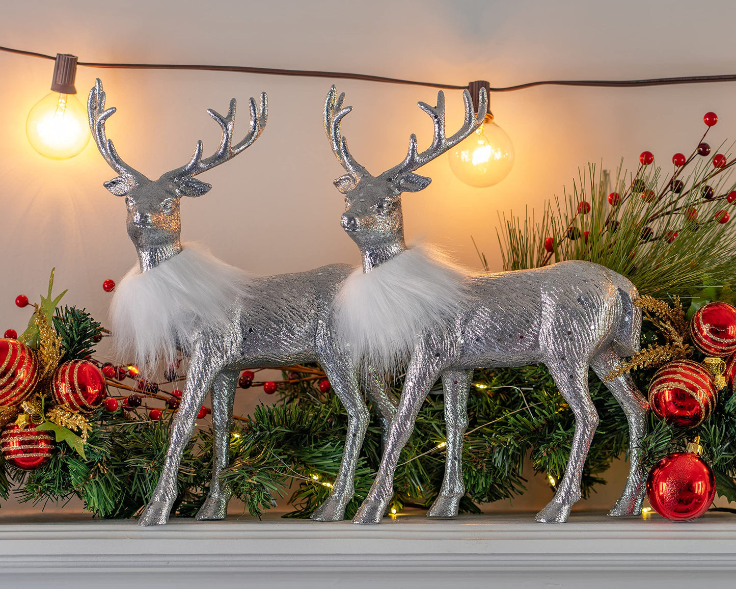 Ornativity Silver Glitter Christmas Reindeer - Xmas Holiday Party Deer Figurine Statues Dinner Tabletop Decorations Centerpiece Mantle - 12' Pack Of 2