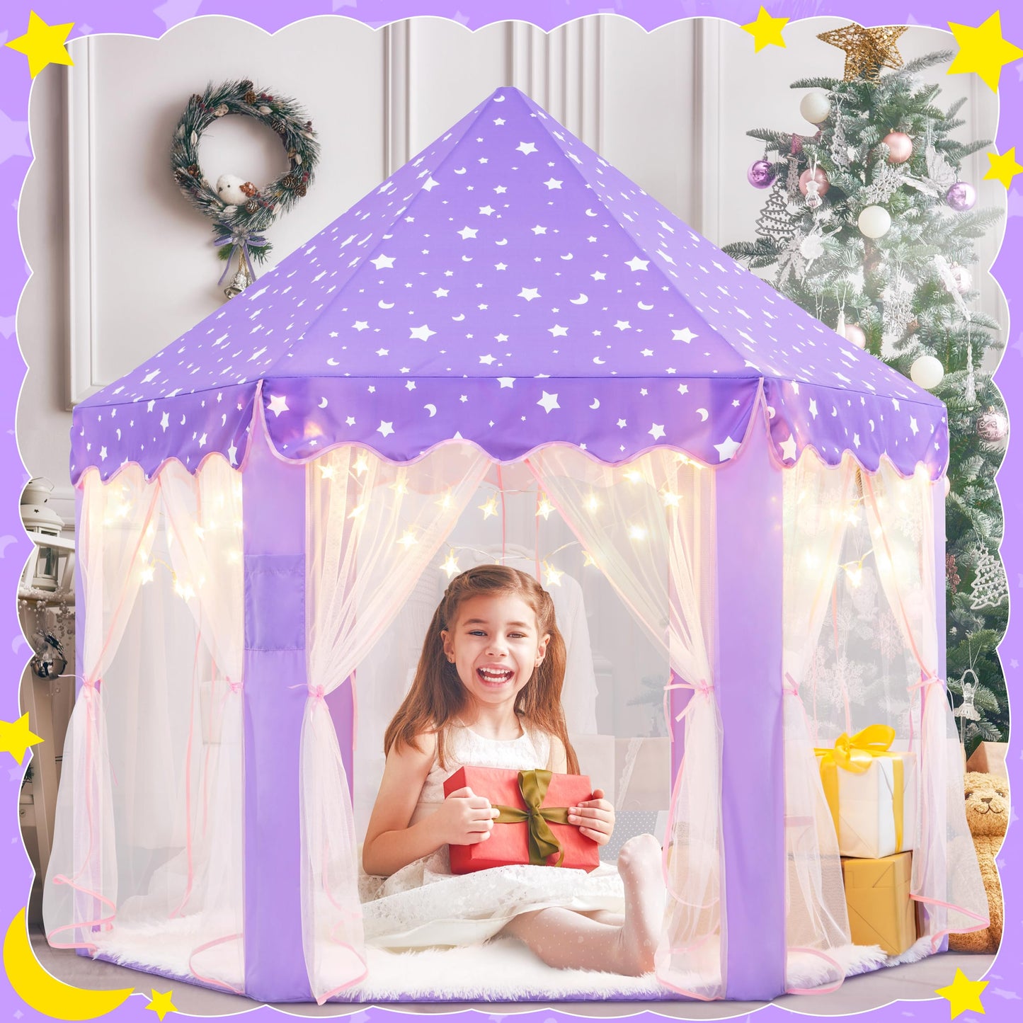 Evoionos Purple Tent For Girls, Kids Tent Indoor, Princess Tent With Star Lights, Girls Play Tent, Princess Castle Playhouse Ten