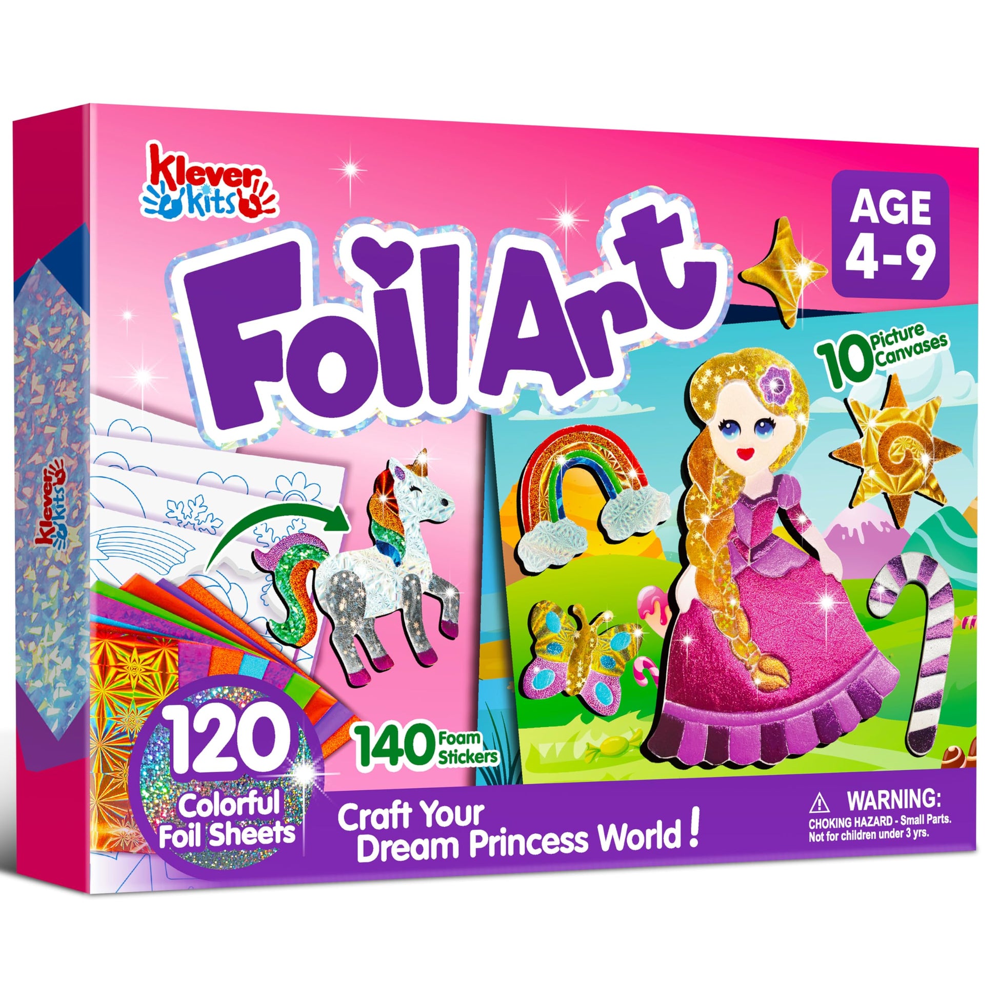 Klever Kits Princess Foil Art Kit for Kids - Arts & Crafts Supplies, Mess Free Coloring, Foil Foam Stickers, Creative Travel Toy