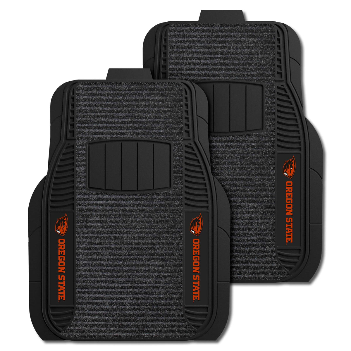 FANMATS 14770 Oregon State Beavers 2-Piece Deluxe Car Mat Set, Vinyl Trim and Colored Team Logo, Dual Rib Charcoal Carpet, Trimm