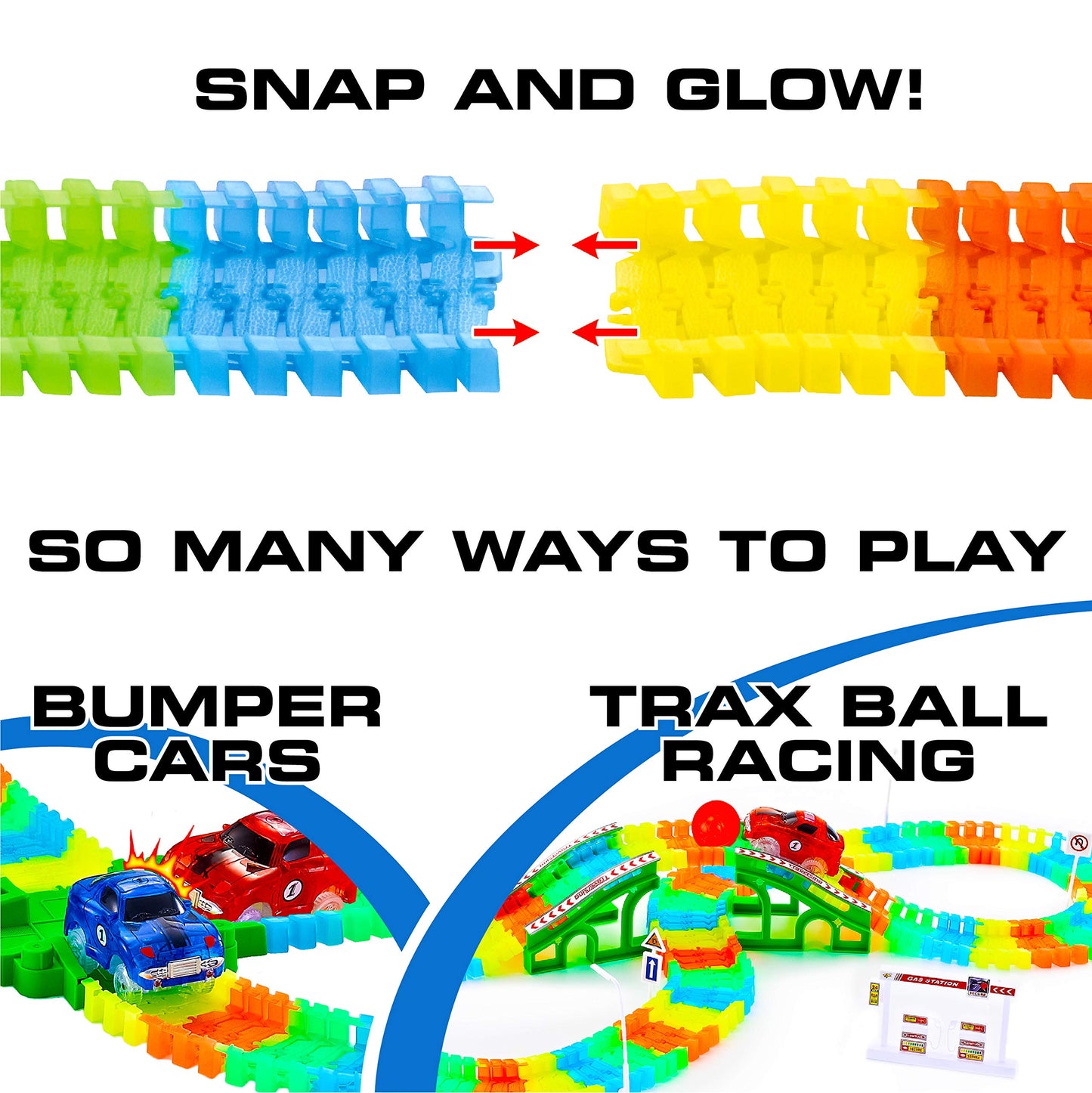 Usa Toyz Glow Trax Glow In The Dark Race Tracks For Kids- Speedway Race Car Track Set With 360Pk Flexible Roads, 2 Light Up Toy Cars, Bridges, Ramps, Play Set Stem Building Toys For Boys And Girls