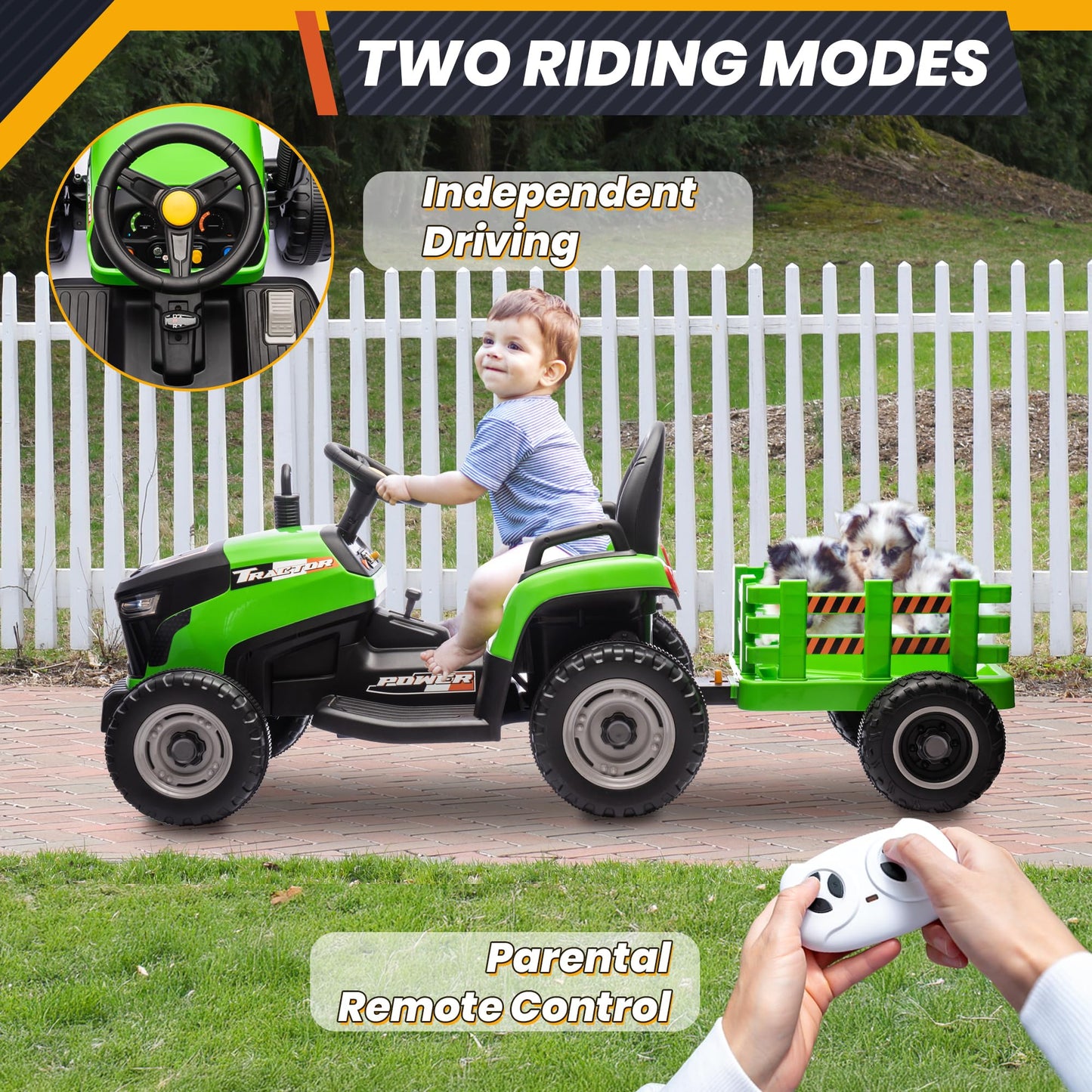 24V 7Ah Ride On Tractor W/Tiltable & Detachable Trailer, Anrli Kids Electric Vehicles Tractor W/400W Motors, Adjustable Seat, Re