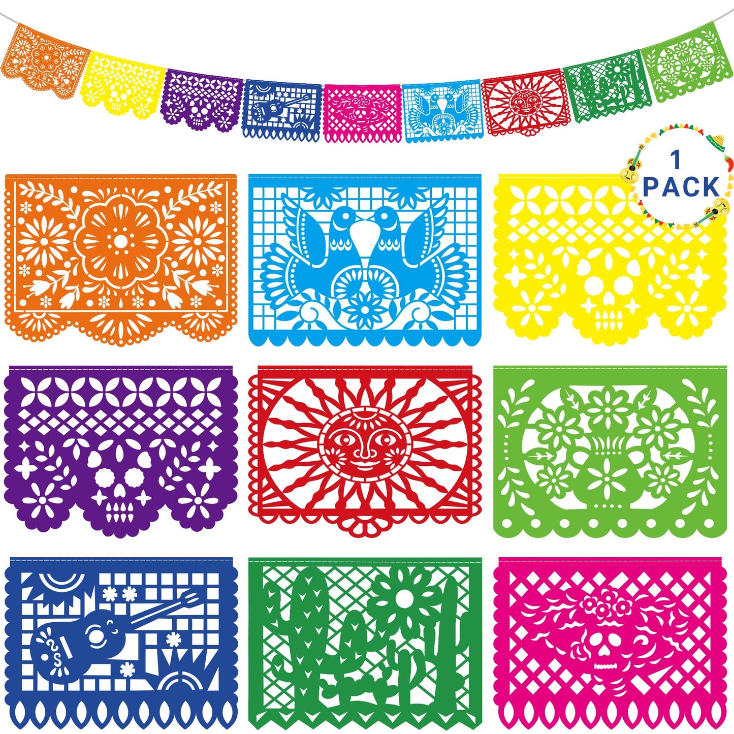 18 Ft Cinco De Mayo Party Decorations, 1 Pack Fiesta Banner With 9 Plastic Papel Picado, Colorful Mexican Theme Party Flag Banne