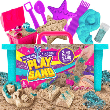 Girlzone Mermaid Sensory Sand Kit, 2Lbs Moldable Play Sand For Kids Aged 3+, Magic Sand With Gems, Tools & Portable Treasure Chest, Kids Toys For Playdates, Party Games & Gifting
