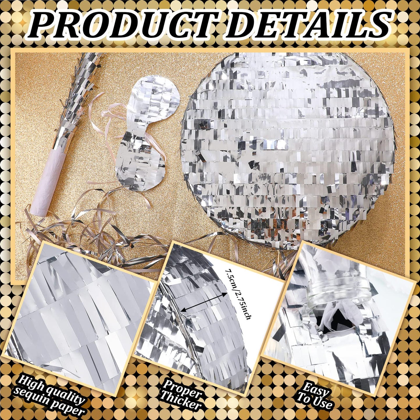Ferraycle Silver Disco Ball Small Piñata with Stick & Blindfold - Retro Party Decorations for Kids & Adults, Model YT-Ferraycle-89546