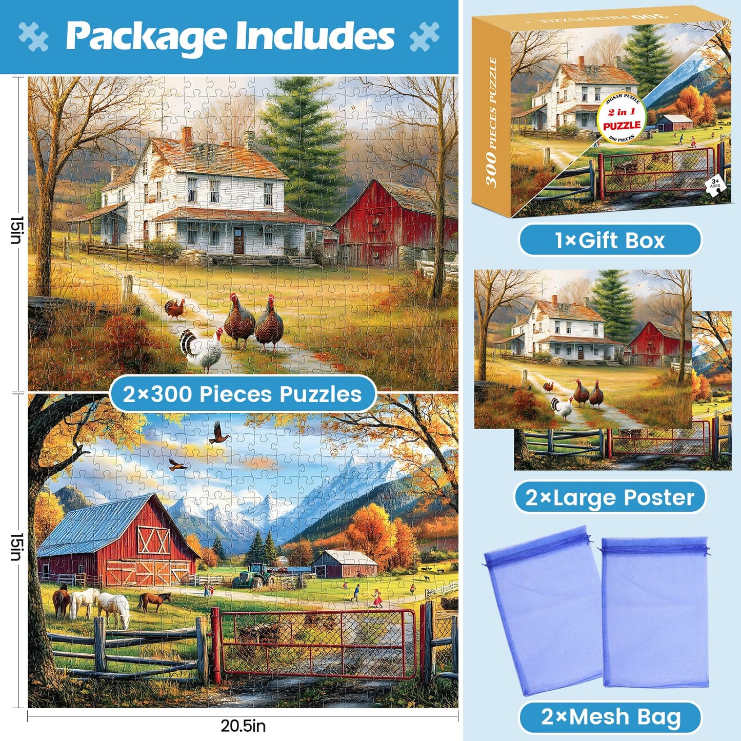 2 Pack 300 Pieces Puzzle for mature-themeds Autumn Puzzle Farm Jigsaw Puzzles 300 Pieces for mature-themeds Kids Seniors Countryside Jigsaw Puzzle enhanced Cardboard Puzzles for Tabletop Family Activity Gift