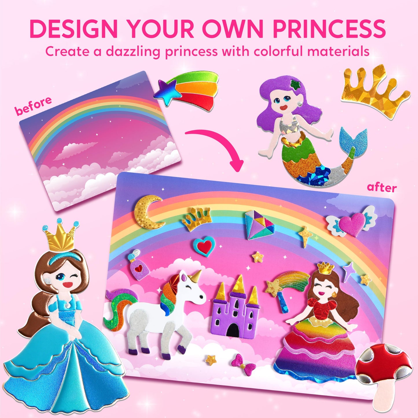 Klever Kits Princess Foil Art Kit for Kids - Arts & Crafts Supplies, Mess Free Coloring, Foil Foam Stickers, Creative Travel Toy
