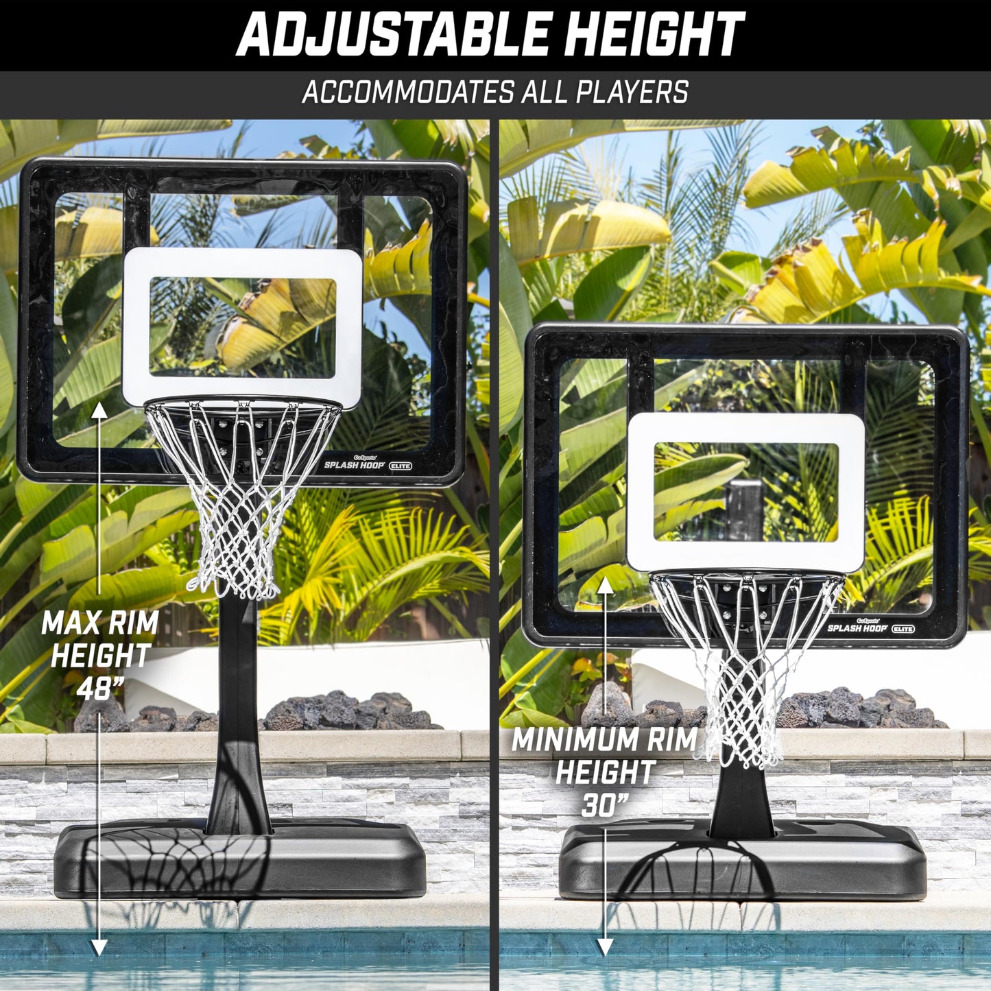 GoSports Splash Hoop advanced Pool Hoop Basketball Game with Water Weighted Base  Adjustable Height  Regulation Steel Rim and 2 Pool Basketballs - Blue  White  or Black