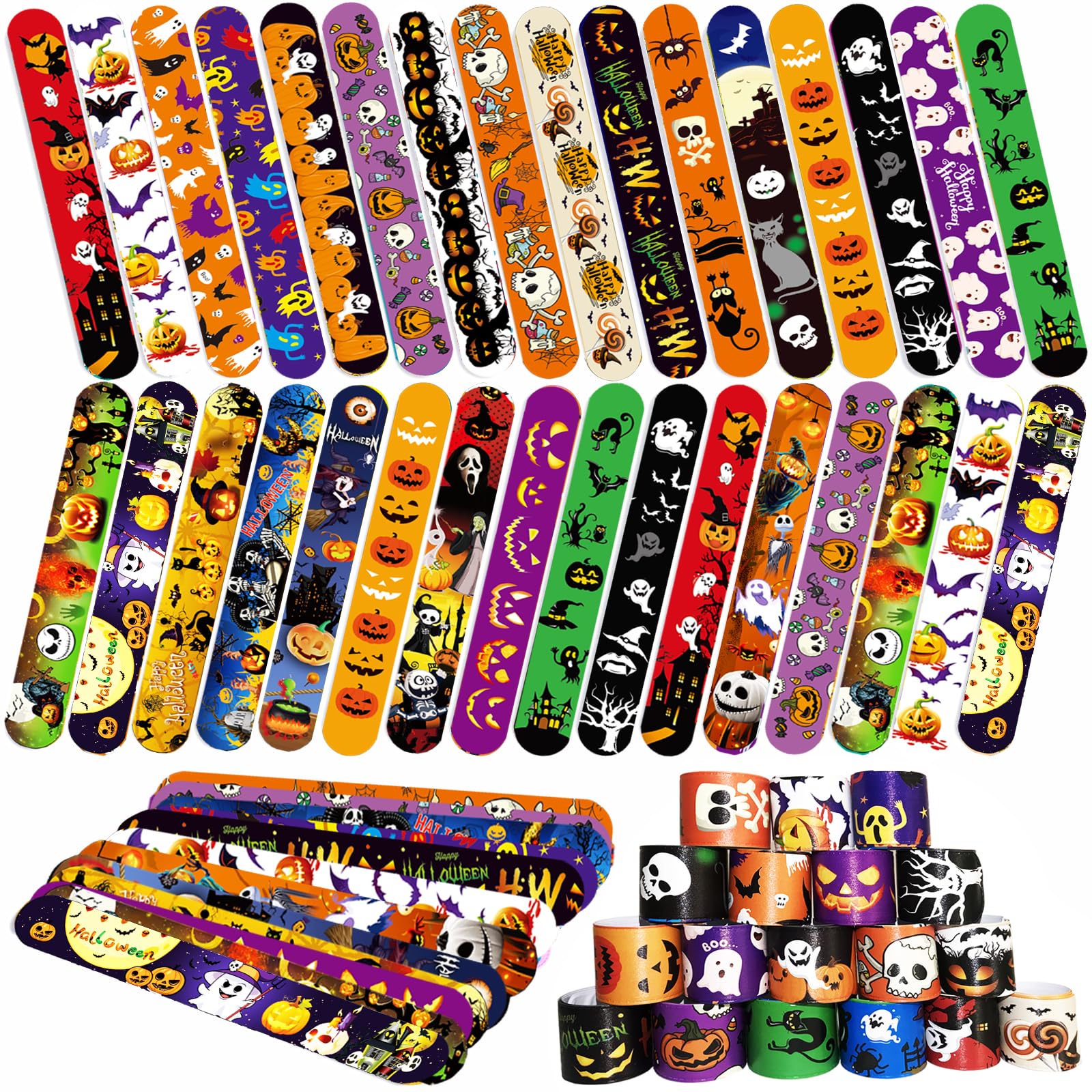 Halloween Slap Bracelets for Kids, 100 Halloween Bracelet Toys Bulk For Kids Girls Boys, Trick or Treat Party Favors, Exchanging