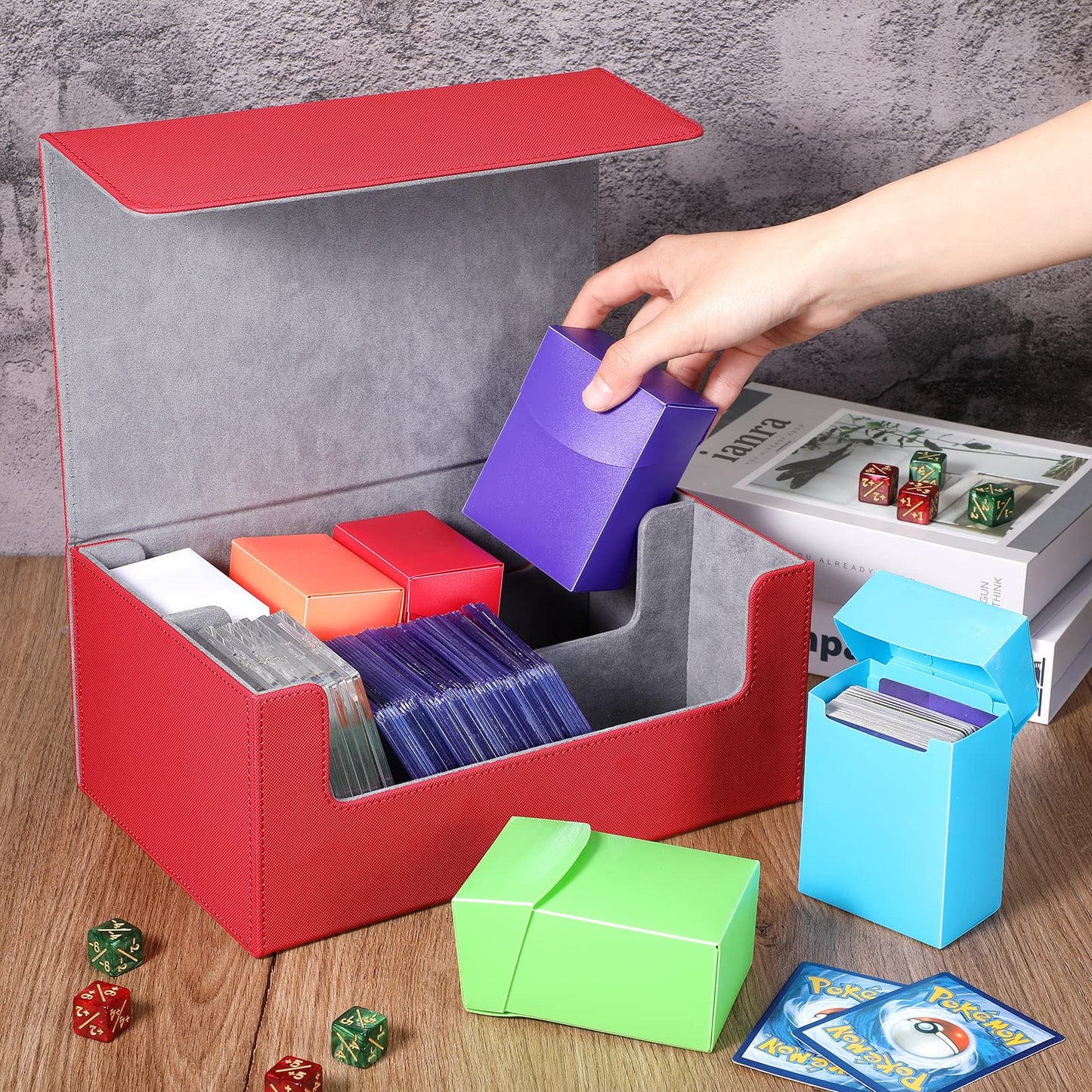 Yexiya 7 Pcs Deck Card Boxes For Trading Cards, 1 Leather Deck Storage Box With 6 Plastic Trading Card Storage Box For Playing C