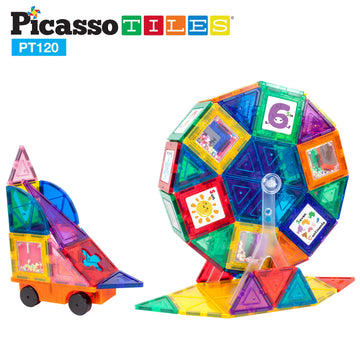 Picassotiles 120Pc Master Builder Magnetic Building Block Construction Set Toy Blocks With Ferris Wheel, Castle Click-In, 28 Edu