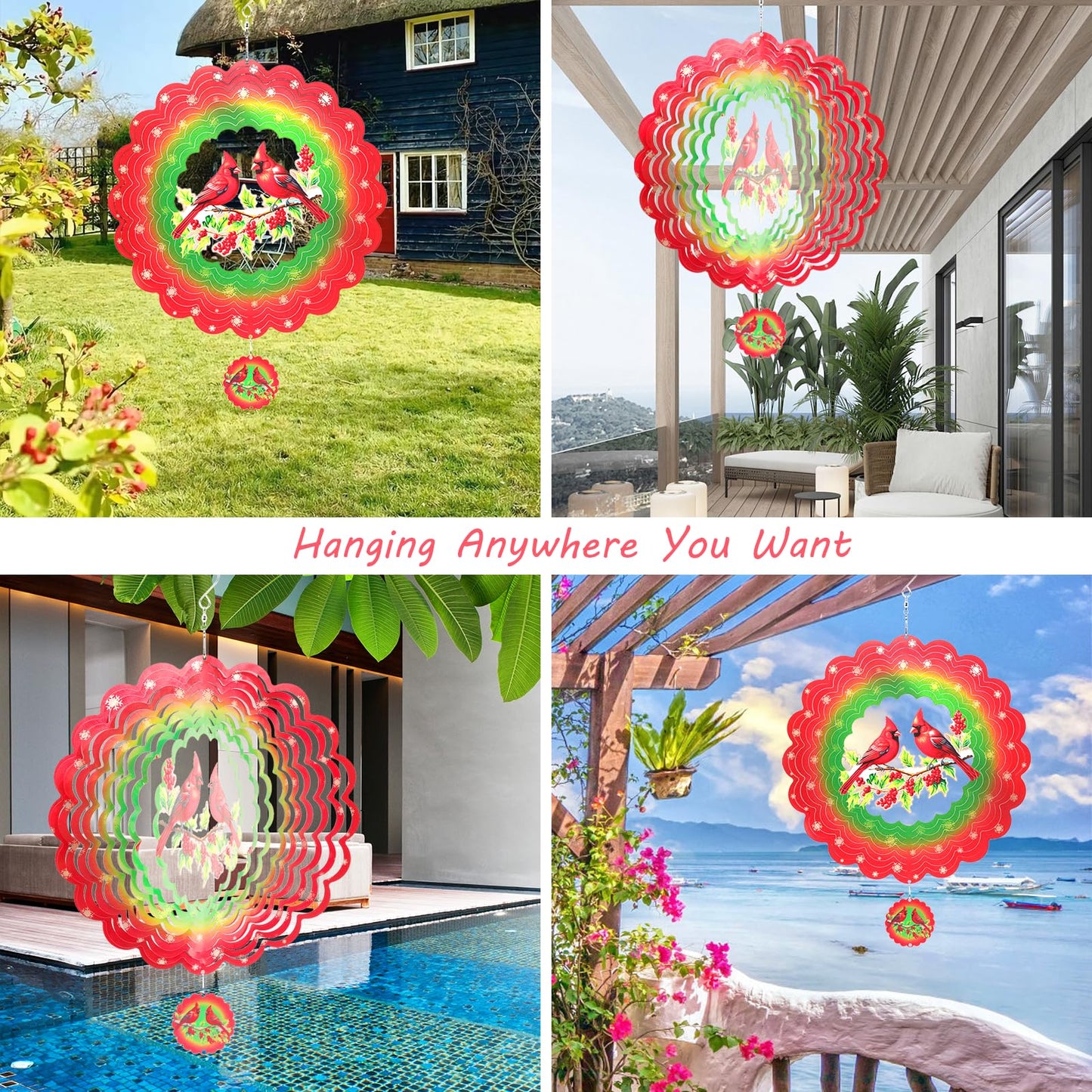 Cardinal Metal Wind Spinners, Cardinal Gifts For Women Mom Grandma Wife Men, 12 Inch 3D Stainless Steel Hanging Wind Spinner For