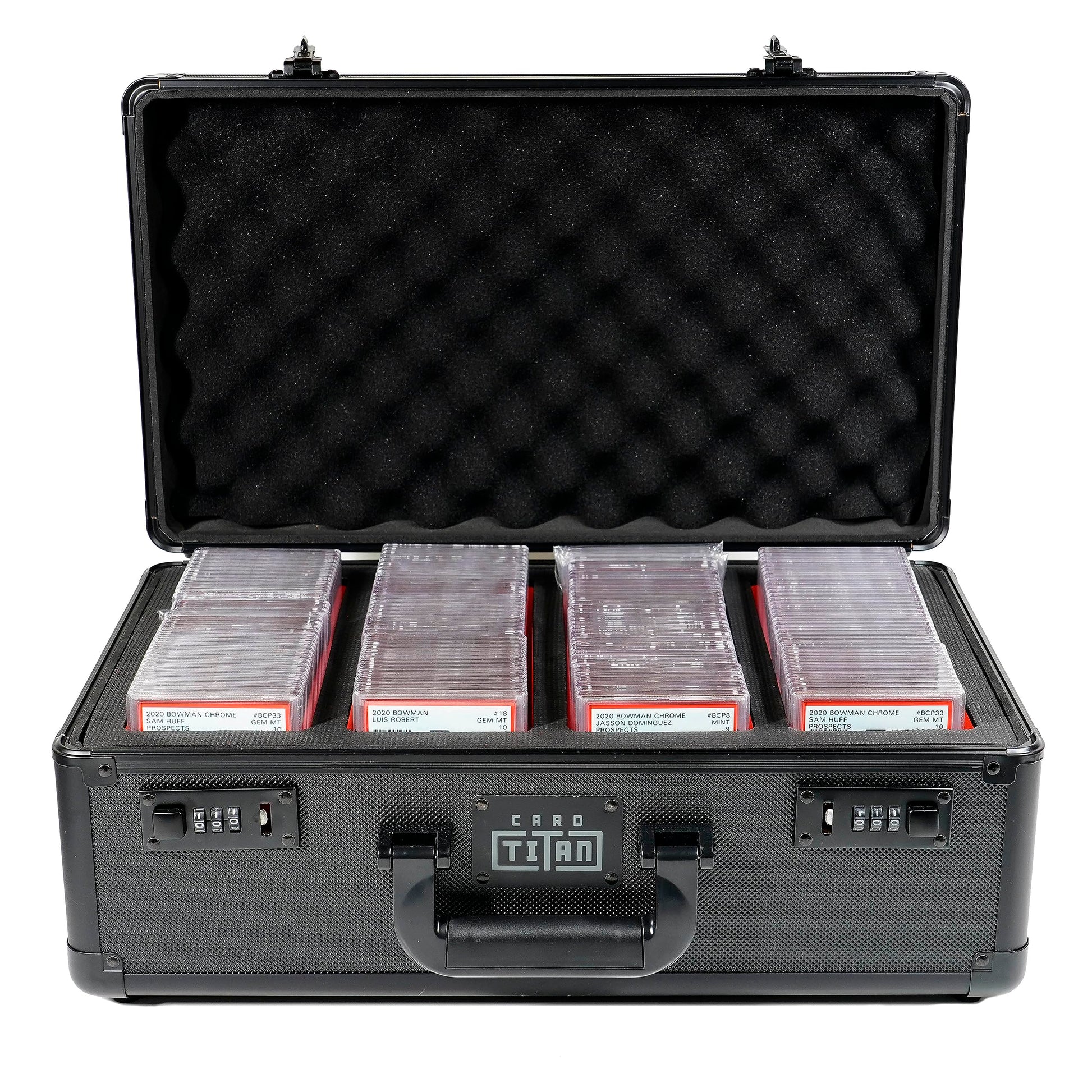 Card Titan Slab Safe enhanced Trading Card Storage Box - 4 Row Lockable Sports Card Case with Laser Cut Foam Interior - Holds up to 144 PSA Graded Card Slabs (4 Rows)