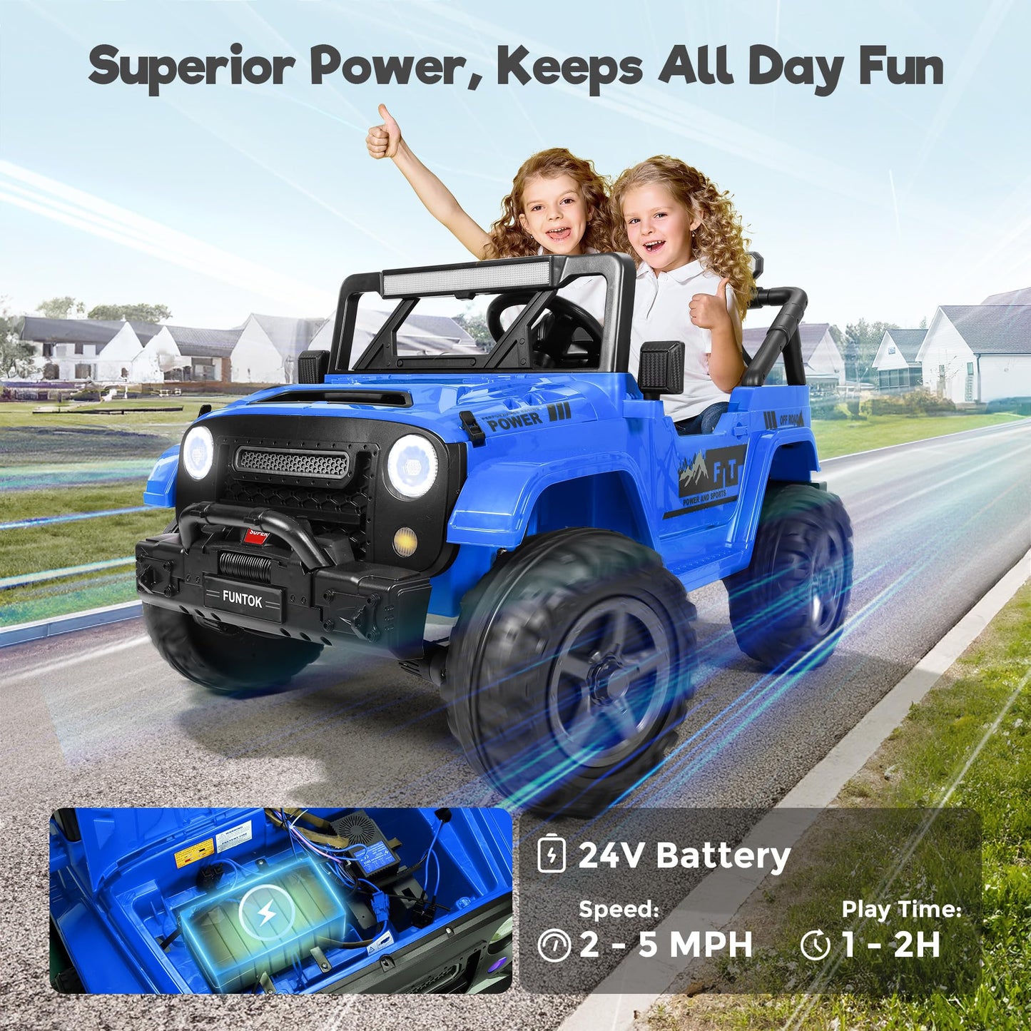 Funtok 2 Seater 24V Ride On Truck For Big Kids, 5 Mph Electric Car W/Remote Control, 20 Wide Seat, 2Wd/4Wd Switchable, 4X200W Mo