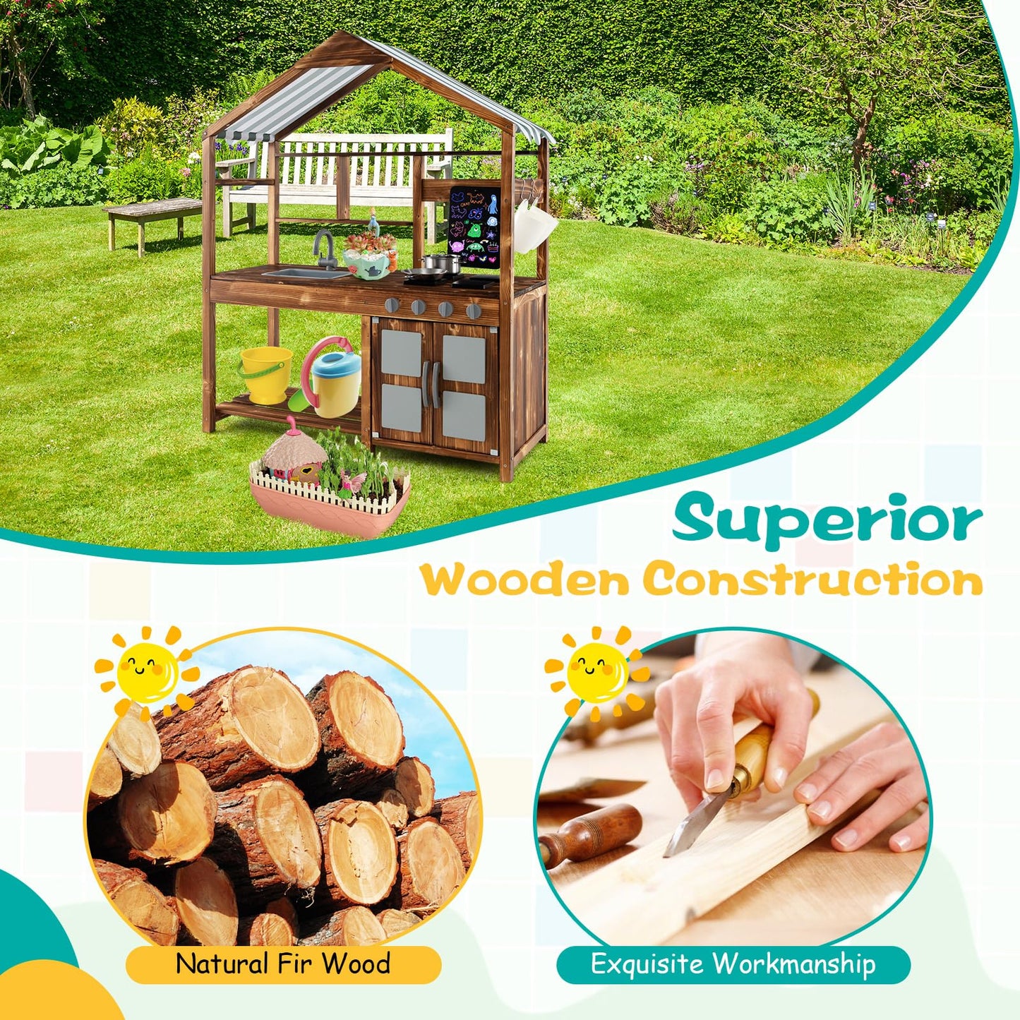 Costzon Mud Kitchen, Outdoor Play Kitchen with Canopy, Chalkboard, Stoves, Removable Sink, Cooking Accessories and Storage, Wood