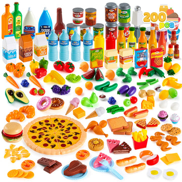 JOYIN 200 Pieces Kids Play Food Deluxe Pretend Food Set Play, Toy Food, Play Kitchen Accessories with Realistic Colors, Toddler 