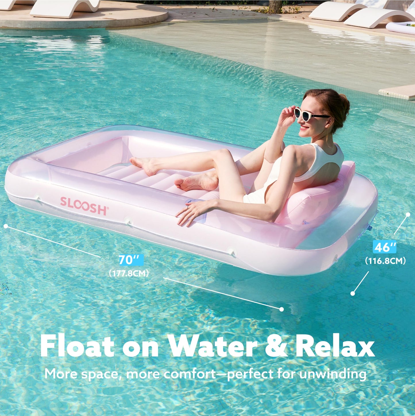 SLOOSH Inflatable Tanning Pool Lounger Float  70 x 46 Pool Floats mature-themed with Pillow  4 in 1 Suntan Tub Raft Floatie Sunbathing Bed Lounge for Water Blow Up Kids Ball Pit Party Gifts  L-Cyan Pink