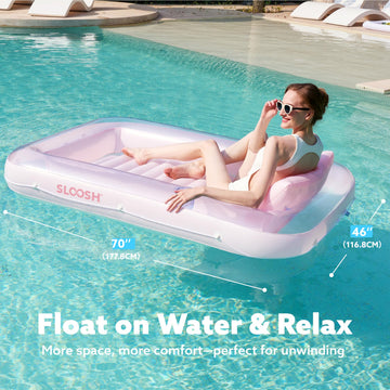 SLOOSH Inflatable Tanning Pool Lounger Float  70 x 46 Pool Floats mature-themed with Pillow  4 in 1 Suntan Tub Raft Floatie Sunbathing Bed Lounge for Water Blow Up Kids Ball Pit Party Gifts  L-Cyan Pink