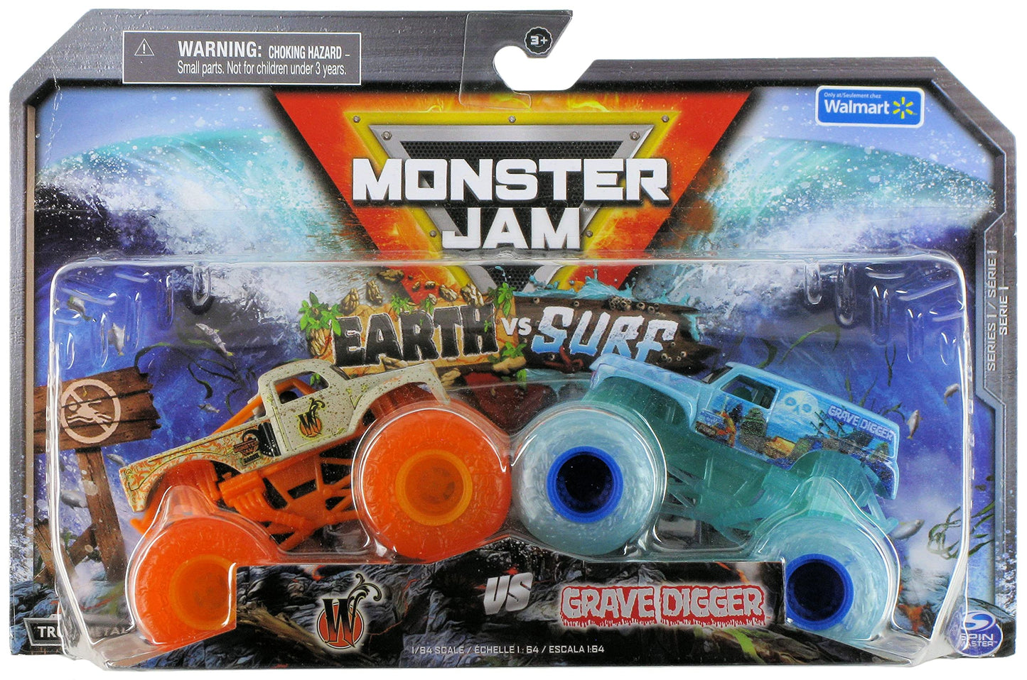 Monster Jam 2022 Earth Vs Surf Series 2-Pack 'W' Whiplash Earth Vs Grave Digger Surf
