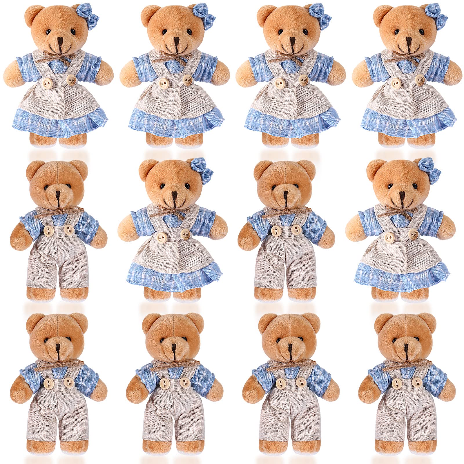 12 Pieces Mini Bear Stuffed Animals Plush Bears  Mini Couple Bear with Burlap Clothes Little Bear Toys for Birthday Wedding Decorations Christmas Party Favors Supplies (Blue  White Cute Style)