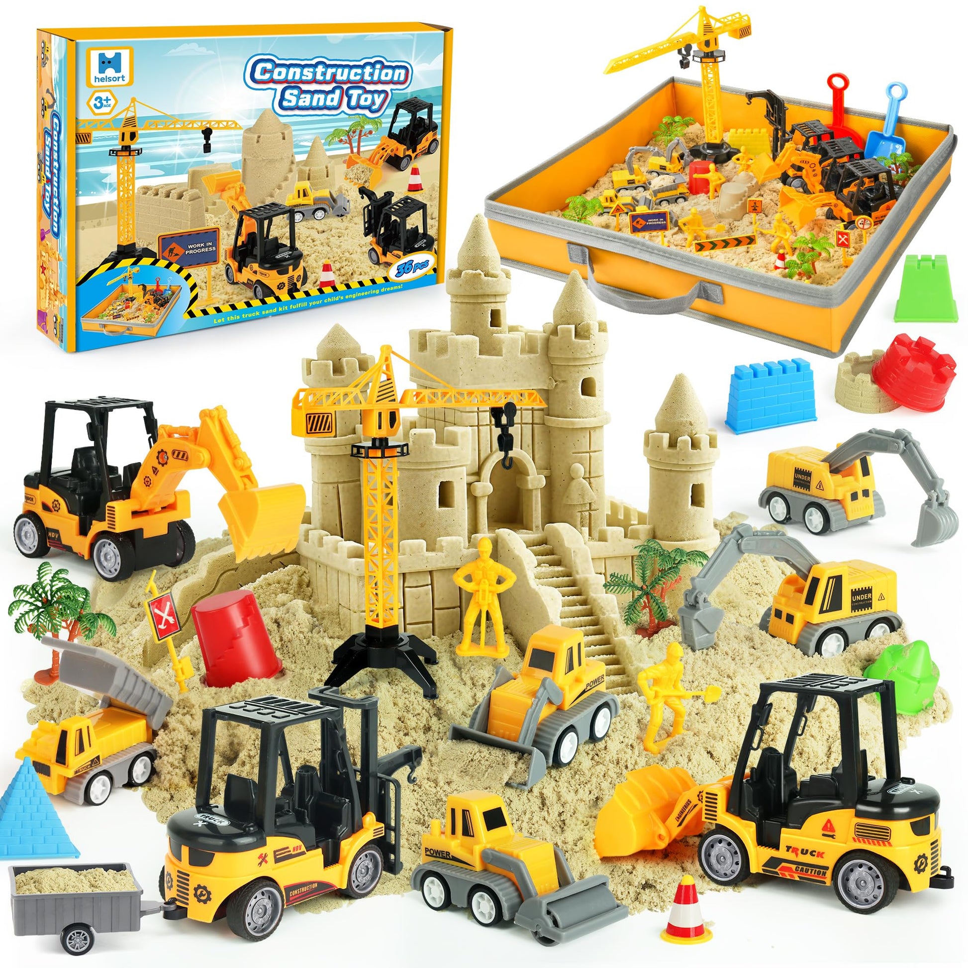 Sand Construction Site Kit - 37 Pcs Play Sand Art Kit With 8 Construction Trucks, Folding Sandbox, 2.2 Lbs Magic Sand, Crane, Wo