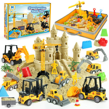 Sand Construction Site Kit - 37 Pcs Play Sand Art Kit With 8 Construction Trucks, Folding Sandbox, 2.2 Lbs Magic Sand, Crane, Wo