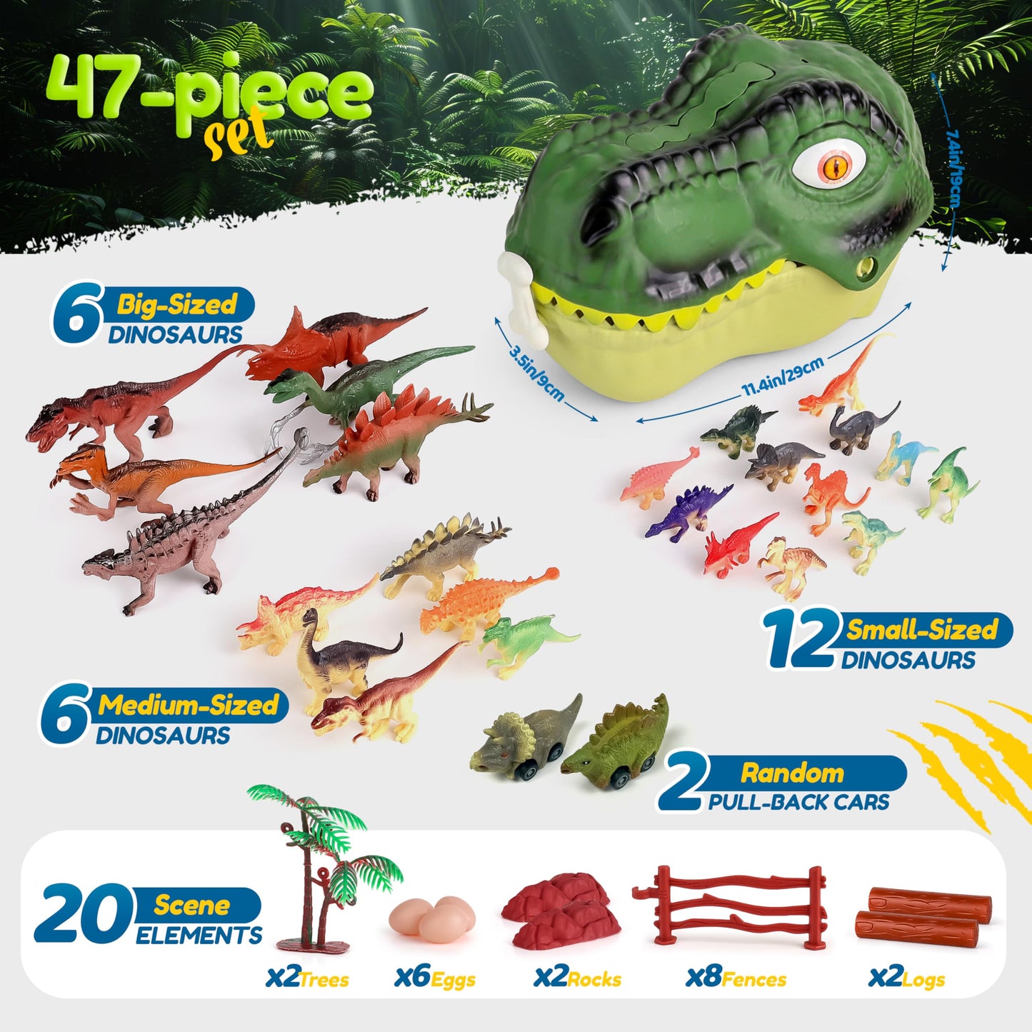 FINcredible Dinosaur Toys for Kids 3-5 - Realistic Dinosaur Figures Including 2 Pullback Dinosaur Cars - Dinosaur Toys for Toddlers & Kids - Toy Dinosaur Playset Gift for 3  4  5  6  7 Boys & Girls