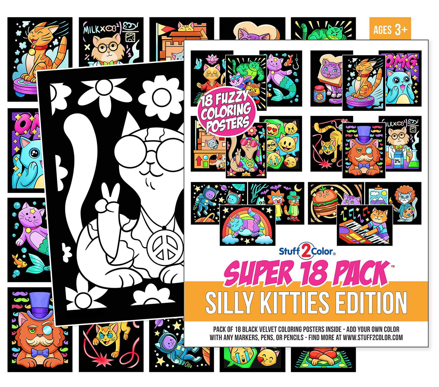 Super Pack of 18 Fuzzy Coloring Posters (Silly Kitties Edition) - Arts & Crafts for Kids, Toddlers, Girls, Boys & Adults - Great