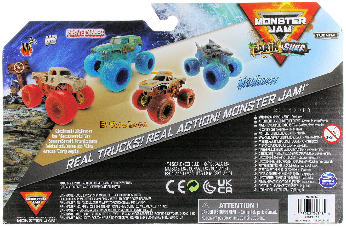 Monster Jam 2022 Earth Vs Surf Series 2-Pack 'W' Whiplash Earth Vs Grave Digger Surf