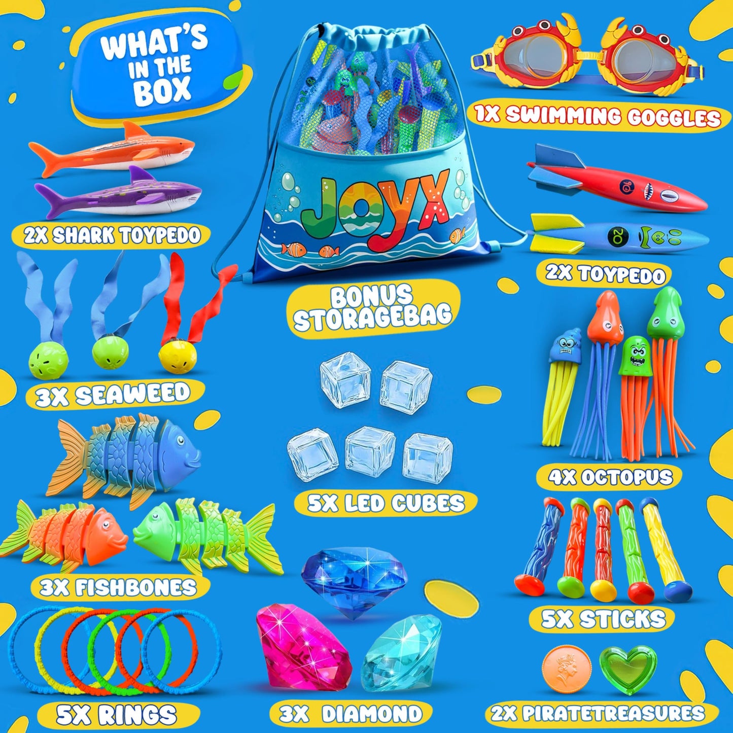 Joyx 35-Piece Diving Pool Toys Set For Kids Ages 4-12 - Includes Led Light Cubes, Goggles, Rings, Gems & Toypedo Bandits - Swim