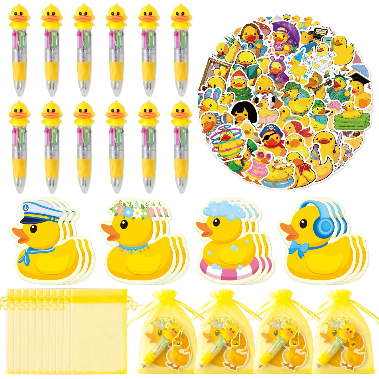 CY2SIDE Yellow Rubber Duck Stationery Gift- 24 Pack Yellow Cute Animal 4-in-1 Duck Ballpoint Pens with Sticky Notes Stickers and