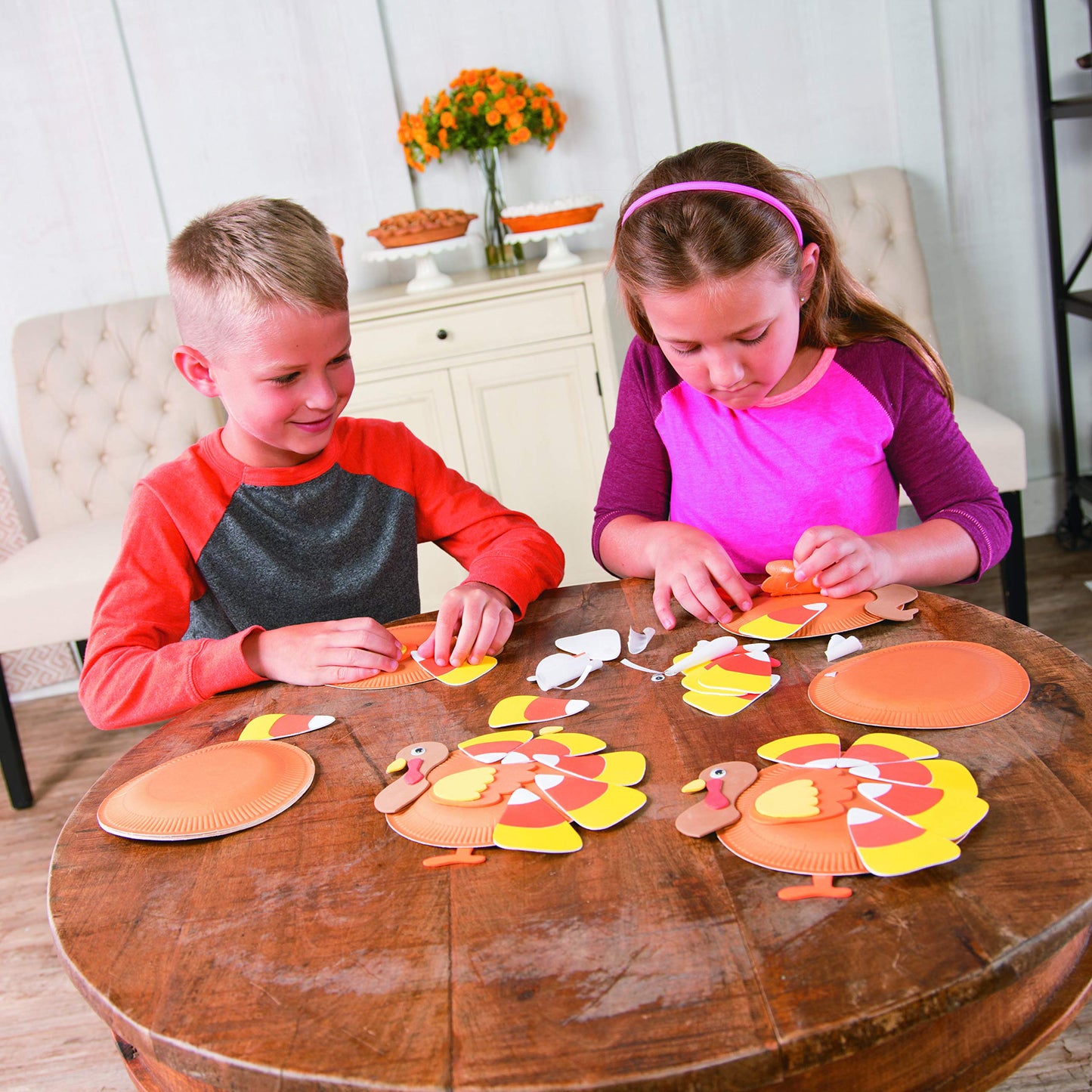 Fun Express Candy Corn Paper Plate Turkey Craft Kit - Makes 12 - Thanksgiving Crafts for Kids