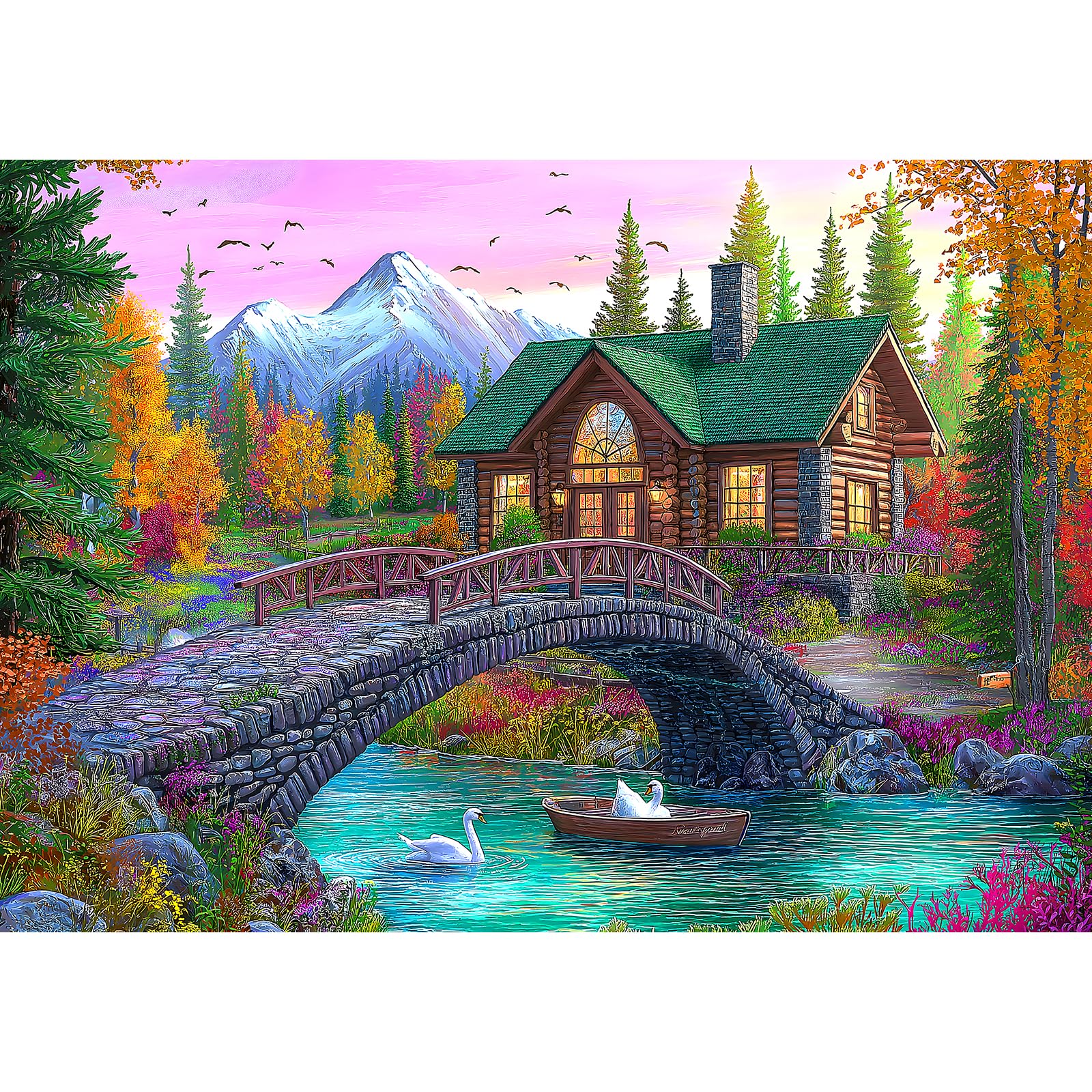 Blueforest Serene Stone Bridge Cottage 1000 Piece Puzzle - Challenging Landscape Jigsaw for Adults, Perfect Game Night & Gift