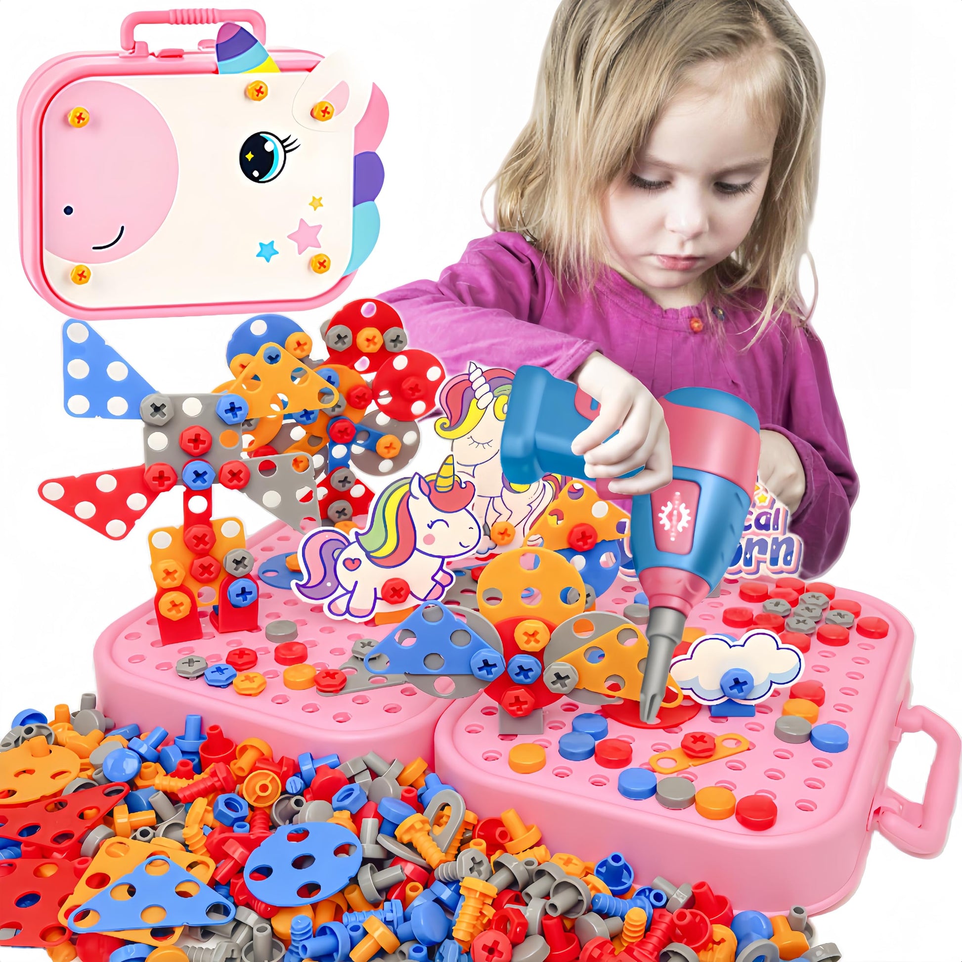 Aquaarcc Girls Unicorn Drill Toys Age 4-8, Girls Stem Toy 351Pc Electric Drill With Toolbox, Grils Tool Set Creative Toys 3D Eng