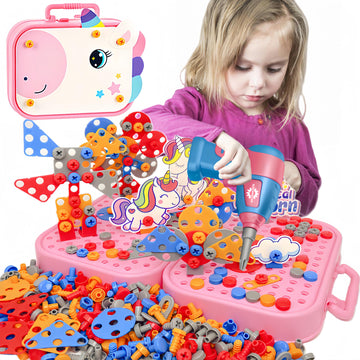 Aquaarcc Girls Unicorn Drill Toys Age 4-8, Girls Stem Toy 351Pc Electric Drill With Toolbox, Grils Tool Set Creative Toys 3D Eng