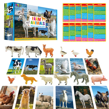 12 Pcs Farm Animal Figurines With 12 Introducing Flashcards, Realistic Farm Animals Playset Montessori Toys Science Educational Matching Game For Homeschool Preschool Toddler Kids